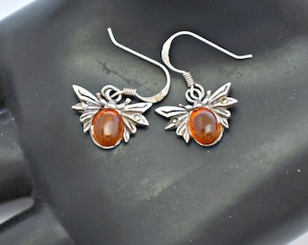 60's sterling amber pyrite bee dangles, sweet little 925 silver marcasite abstract insect earrings