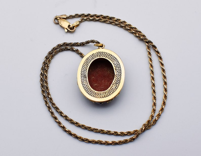 50's carved cinnabar flower gilt silver cloisonne pendant, ornate enamel 925 sterling vermeil necklace image 2