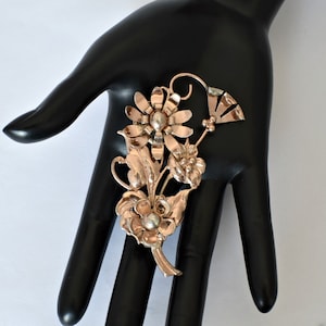 40&#39;s Arts & Crafts style sterling vermeil bouquet brooch, big rose gold wash 925 silver flowers pin