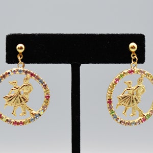 60's rhinestone gold plate square dancer stud dangles, colorful kitsch line dancers earrings image 5