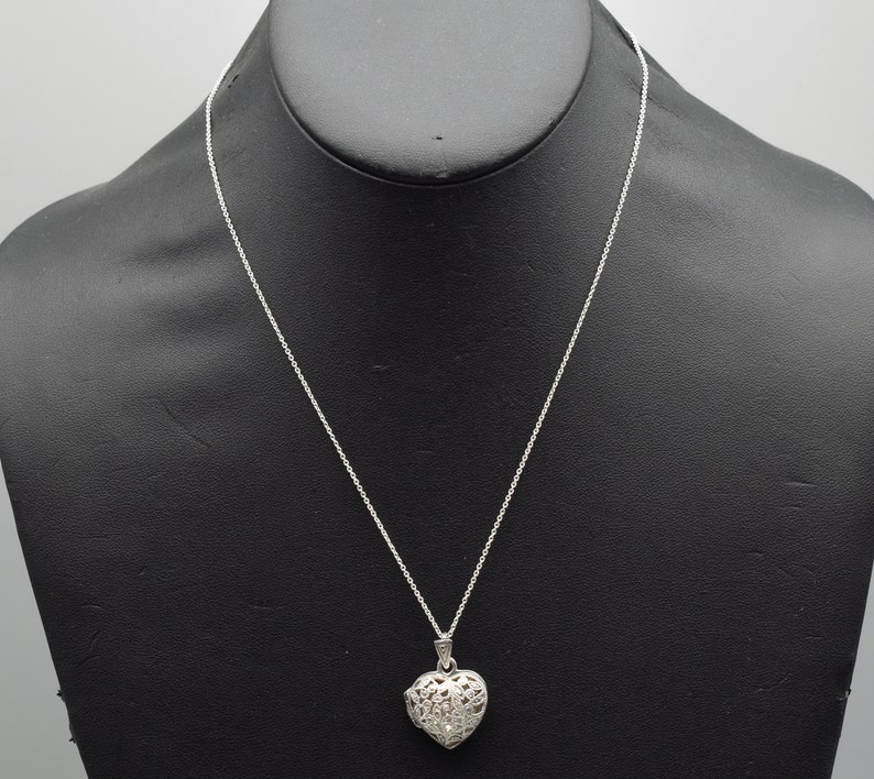 90's CW 925 silver diamond heart locket, open work sterling designer bling sweetheart necklace image 3