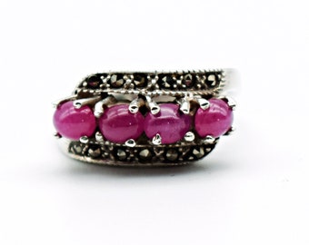 80's pink sapphire marcasite sterling size 6.25 cocktail ring, 925 silver pyrite oval cabs swoop ring