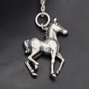 70's sterling prancing horse foal pendant, charming little 925 silver colt filly rolo chain necklace image 1