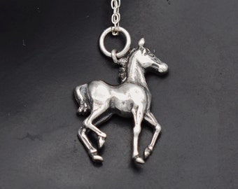 70's sterling prancing horse foal pendant, charming little 925 silver colt filly rolo chain necklace