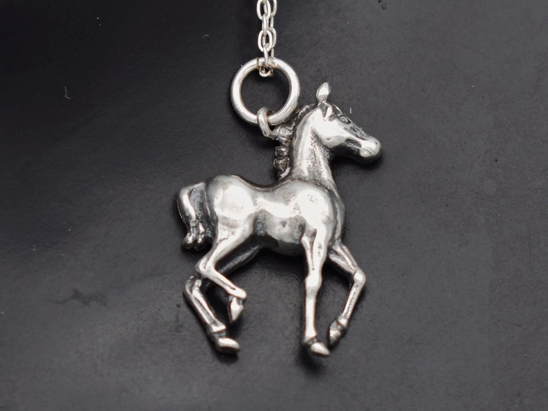 70's sterling prancing horse foal pendant, charming little 925 silver colt filly rolo chain necklace image 1