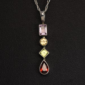 80's amethyst citrine peridot garnet sterling geometric pendant, 925 silver rectangle circle diamond teardrop gems necklace image 9