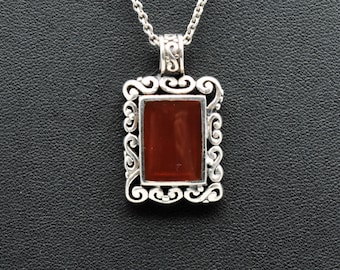 80's Byzantine sterling carnelian rectangular pendant, ornate FAS 925 silver red stone necklace