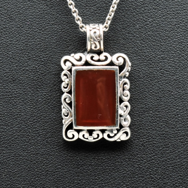 80's Byzantine carnelian sterling rectangular pendant, ornate FAS 925 hippie couture necklace