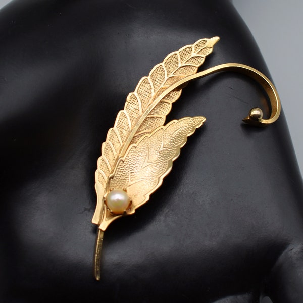50's genuine pearl and gold plate leaves & reed brooch, mid-century abstract leaf pin