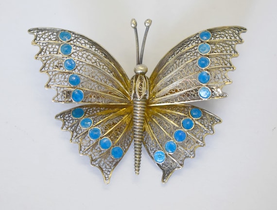 Vintage two butterfly filigree brooch topacio Portugal 925 and 800 circa 1960\u2019s