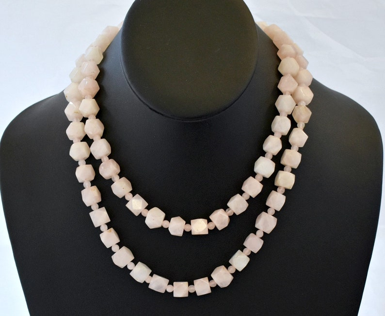 Art Deco 20's rose quartz flapper necklace, hand carved pink polyhedron & round beads opera length chain image 9