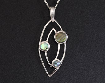 Vintage abalone 925 silver pointed ovals beach pendant: 80s shell & sterling hippie necklace