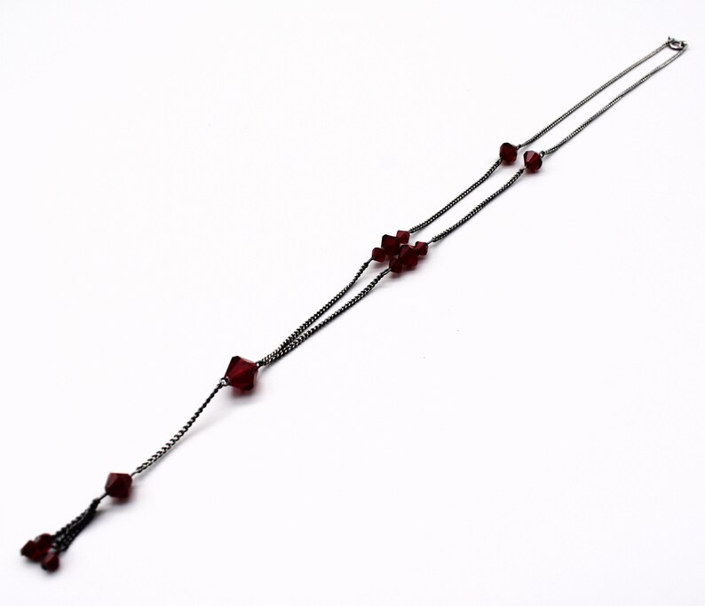 70's sterling dark red crystal Gothic fringe Y necklace, MS Co oxidized 925 silver glass bicones necklace image 5