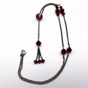 70's sterling dark red crystal Gothic fringe Y necklace, MS Co oxidized 925 silver glass bicones necklace image 9