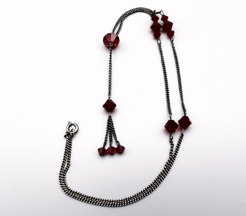 70's sterling dark red crystal Gothic fringe Y necklace, MS Co oxidized 925 silver glass bicones necklace image 9