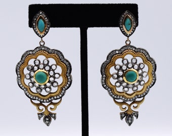 Big 70's gilded sterling Middle Eastern dangles, floral 925 silver crystal ceramic statement earrings