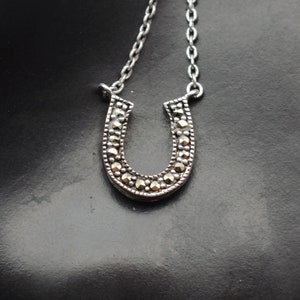 80's sterling marcasite horseshoe affixed pendant, minimalist FAS 925 silver pyrite good luck necklace image 10