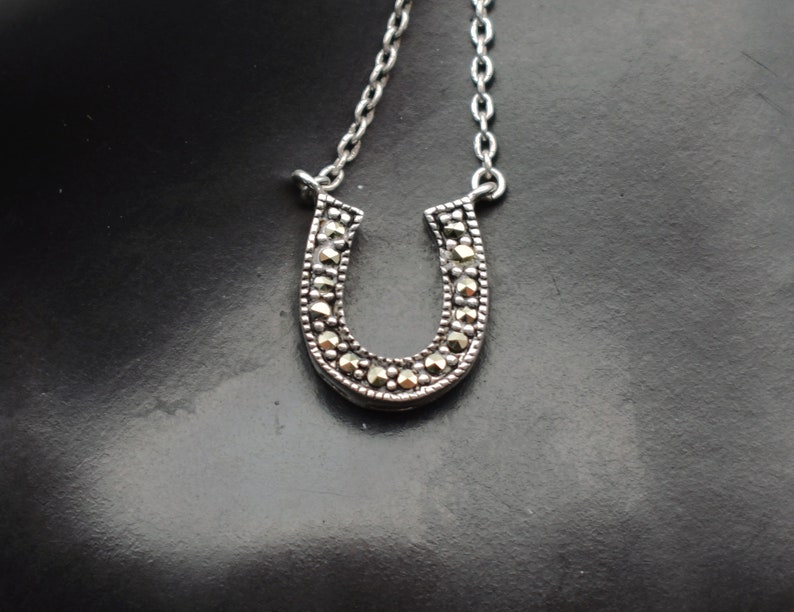 80's sterling marcasite horseshoe affixed pendant, minimalist FAS 925 silver pyrite good luck necklace image 10