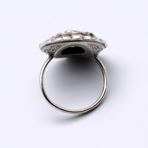 30's Art Deco cast sterling marcasite size 6.5 flower ring, ornate satin 925 silver pyrite oval ring image 5