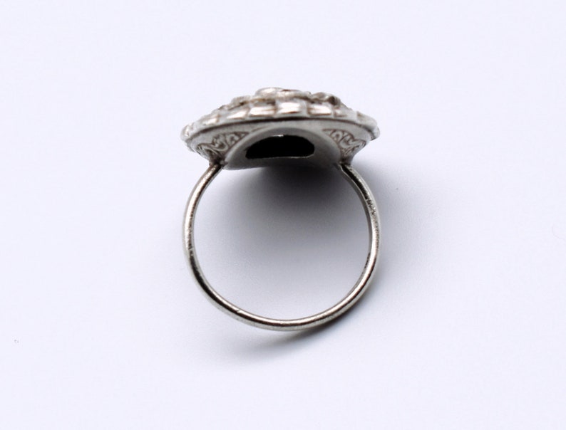 30's Art Deco cast sterling marcasite size 6.5 flower ring, ornate satin 925 silver pyrite oval ring image 5