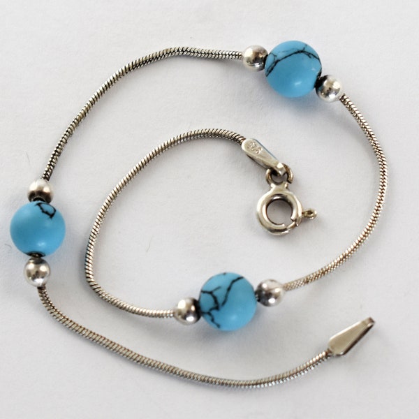 80's FAS sterling snake chain turquoise minimalist bracelet, Italy 925 silver blue beads stacker