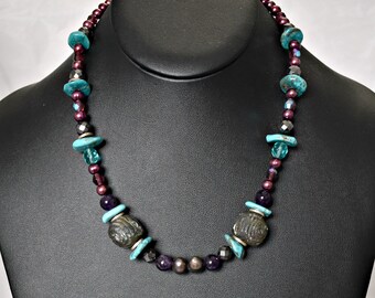 Goth 80's 925 sterling silver turquoise lava pearls amethyst blue & AB crystal bead necklace