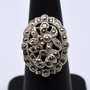 30's Art Deco cast sterling marcasite size 6.5 flower ring, ornate satin 925 silver pyrite oval ring image 1