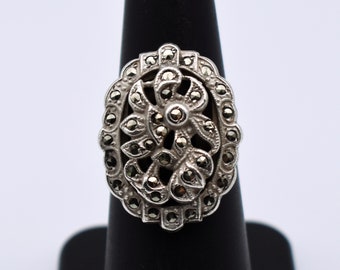 30's Art Deco cast sterling marcasite size 6.5 flower ring, ornate satin 925 silver pyrite oval ring