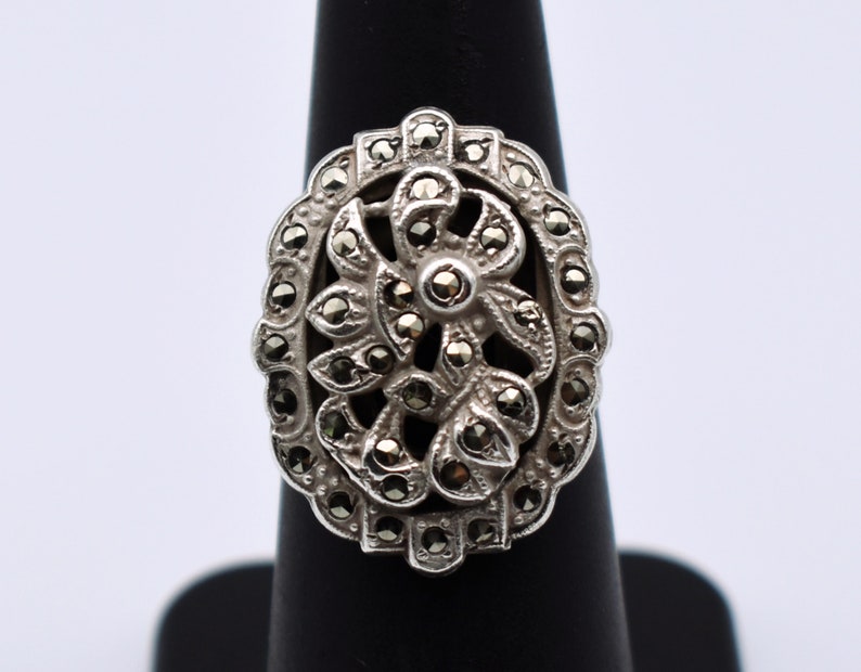30's Art Deco cast sterling marcasite size 6.5 flower ring, ornate satin 925 silver pyrite oval ring image 1