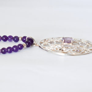 Vintage David Sigal 925 silver amethyst affixed shamrock hearts pendant, C A beaded sterling necklace image 6