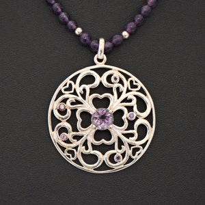 Vintage David Sigal 925 silver amethyst affixed shamrock hearts pendant, C A beaded sterling necklace image 4