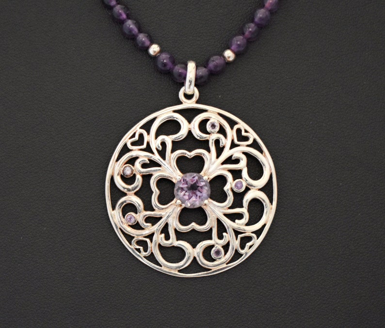 Vintage David Sigal 925 silver amethyst affixed shamrock hearts pendant, C A beaded sterling necklace image 4