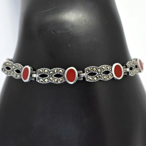 80's Art Deco sterling coral pyrite figure 8 bling bracelet, 925 silver marcasite infinity links image 1