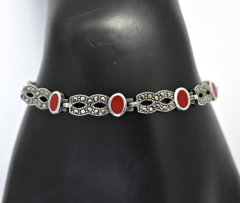 80's Art Deco sterling coral pyrite figure 8 bling bracelet, 925 silver marcasite infinity links image 1