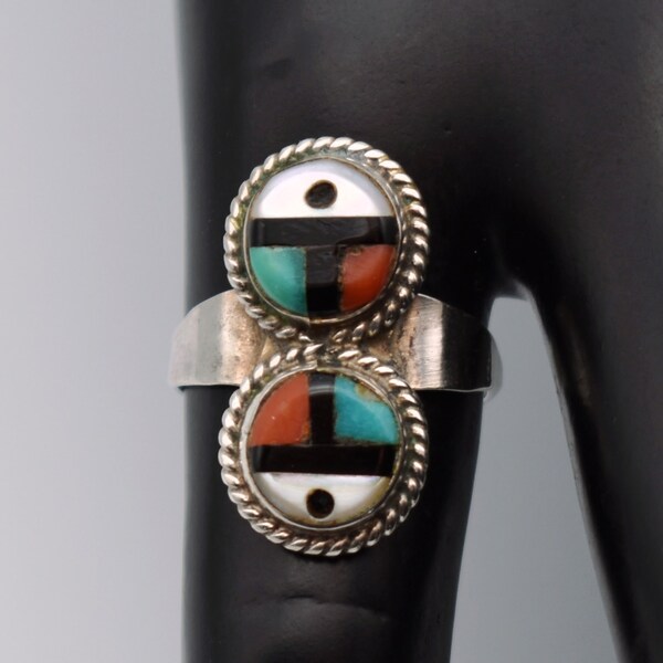 Southwestern 70's sterling MOP turquoise coral onyx size 4.75 ring, Zuni-style sun 925 silver stone inlay ring