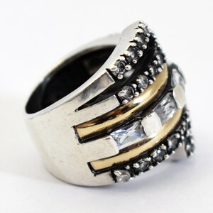 80's 18k PE 925 silver goshenite size 6.5 wide bling band, edgy sterling & yellow gold white beryl statement ring image 8