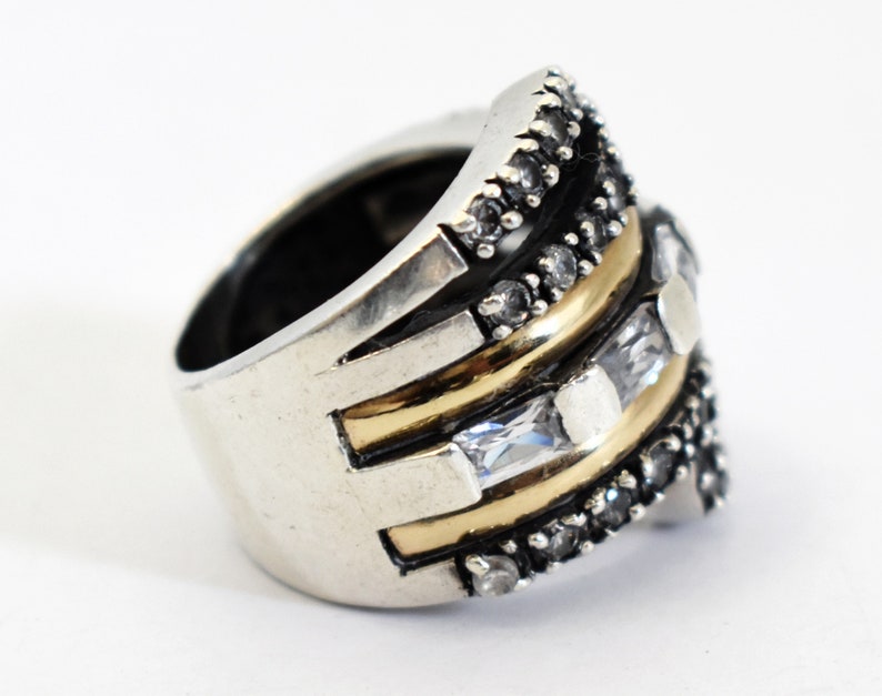 80's 18k PE 925 silver goshenite size 6.5 wide bling band, edgy sterling & yellow gold white beryl statement ring image 8