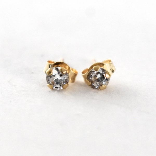 90's Jacmel Mauritius tiny 10k gold cubic zirconia studs, clear CZs yellow gold JCM minimalist bling earrings