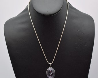 Simple 70's flawed amethyst sterling oval pendant on a 925 silver popcorn chain necklace