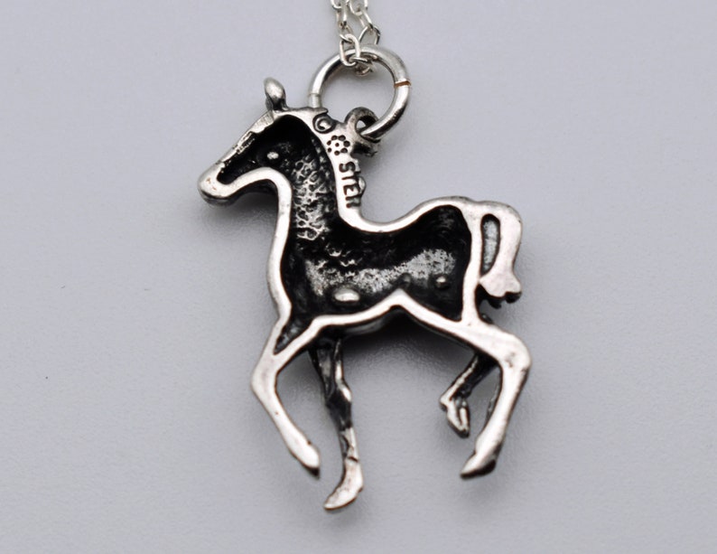 70's sterling prancing horse foal pendant, charming little 925 silver colt filly rolo chain necklace image 6