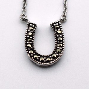 80's sterling marcasite horseshoe affixed pendant, minimalist FAS 925 silver pyrite good luck necklace image 8