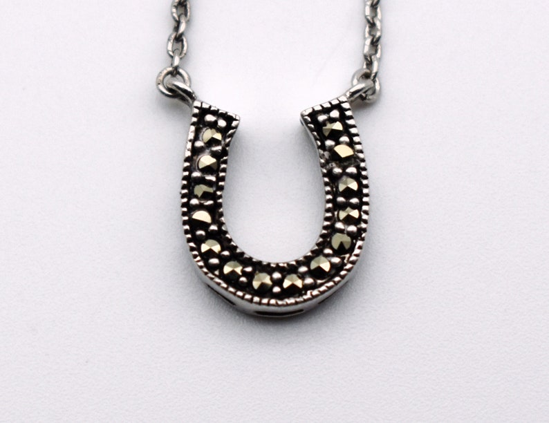 80's sterling marcasite horseshoe affixed pendant, minimalist FAS 925 silver pyrite good luck necklace image 8