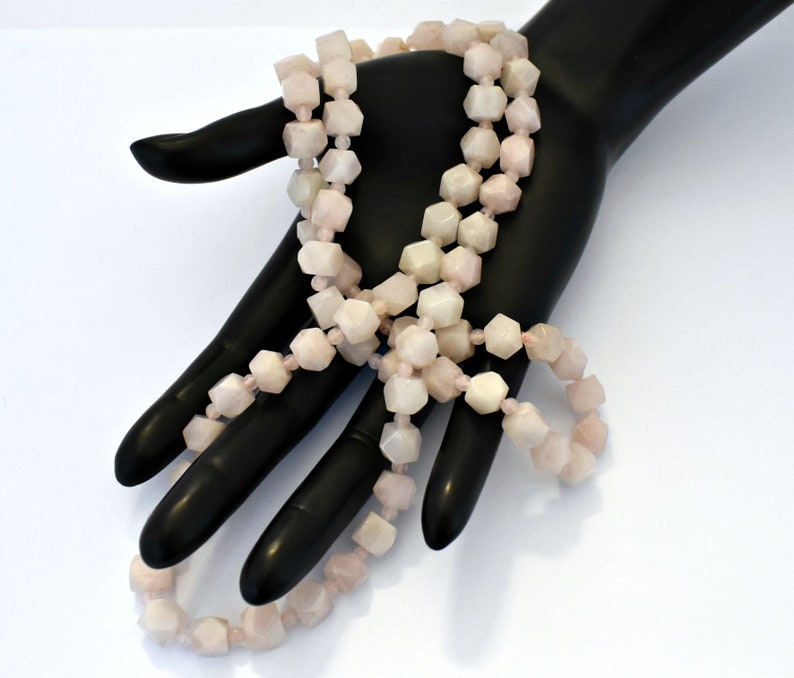 Art Deco 20's rose quartz flapper necklace, hand carved pink polyhedron & round beads opera length chain image 3