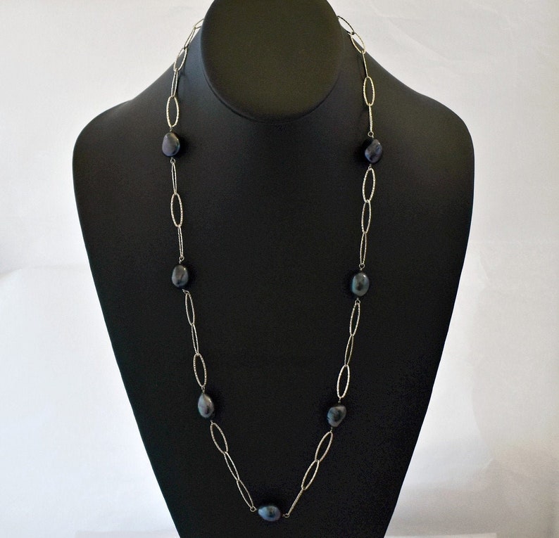 big baroque pearls on 925 silver pointed oval links mod flapper style statement 70/'s sterling peacock pearls long hippie couture necklace