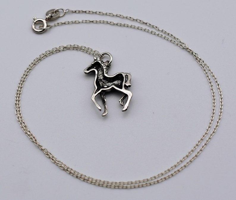 70's sterling prancing horse foal pendant, charming little 925 silver colt filly rolo chain necklace image 2