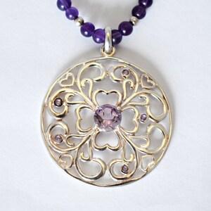 Vintage David Sigal 925 silver amethyst affixed shamrock hearts pendant, C A beaded sterling necklace image 7