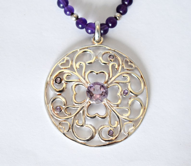 Vintage David Sigal 925 silver amethyst affixed shamrock hearts pendant, C A beaded sterling necklace image 7