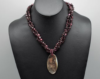 90's garnet pearl 925 sterling silver LUC 3 strand torsade necklace, big detachable abalone shell pendant