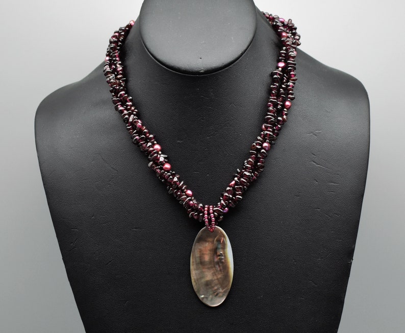 90's garnet pearl 925 sterling silver LUC 3 strand torsade necklace, big detachable abalone shell pendant image 1