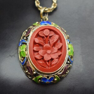 50's carved cinnabar flower gilt silver cloisonne pendant, ornate enamel 925 sterling vermeil necklace image 10